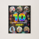 [ Thumbnail: 10th Birthday: Fun Rainbow #, Custom Name + Photos Jigsaw Puzzle ]