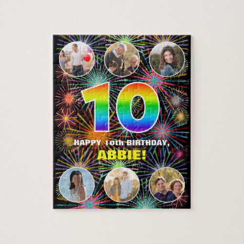 10th Birthday Fun Rainbow  Custom Name  Photos Jigsaw Puzzle