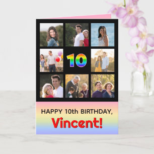 10th Birthday: Fun Rainbow #, Custom Photos + Name Card