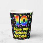 [ Thumbnail: 10th Birthday: Fun Stars Pattern and Rainbow 10 Paper Cups ]