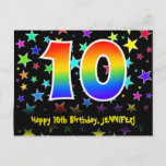 [ Thumbnail: 10th Birthday: Fun Stars Pattern, Rainbow 10, Name Postcard ]