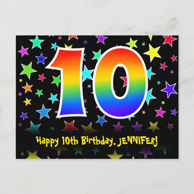 10th Birthday: Fun Stars Pattern, Rainbow 10, Name Postcard (Front)