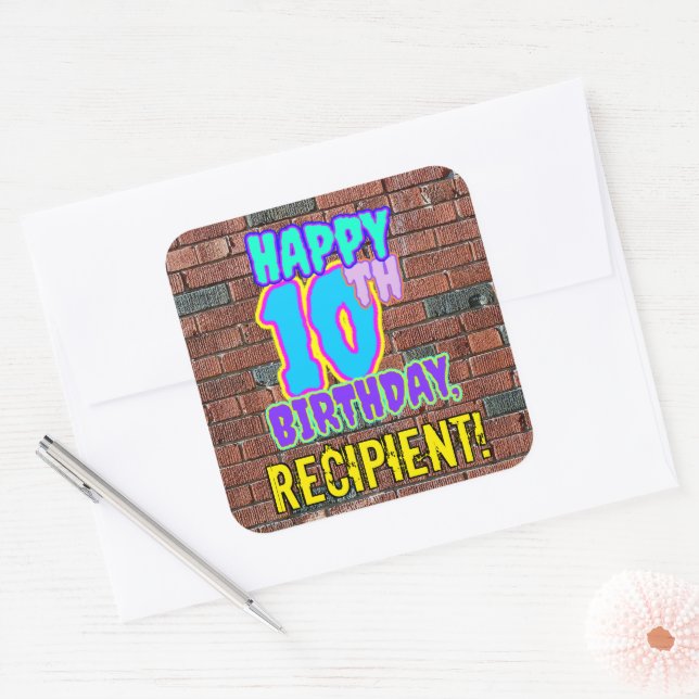 10th Birthday – Fun, Urban Graffiti Inspired Look Square Sticker (Envelope)