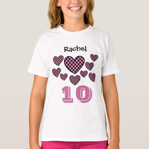 10th Birthday Girl Checkered Hearts Big Number T_Shirt
