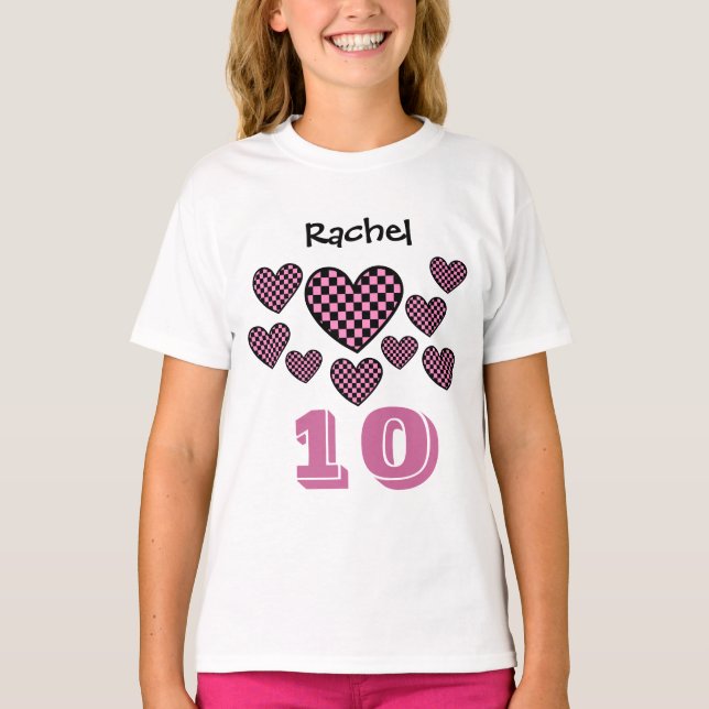 10th Birthday Girl Checkered Hearts Big Number T-Shirt (Front)