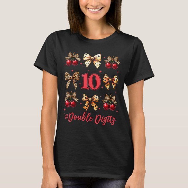 10th Birthday Girl Cherry Leopard Coquette Bow 10  T-Shirt (Front)