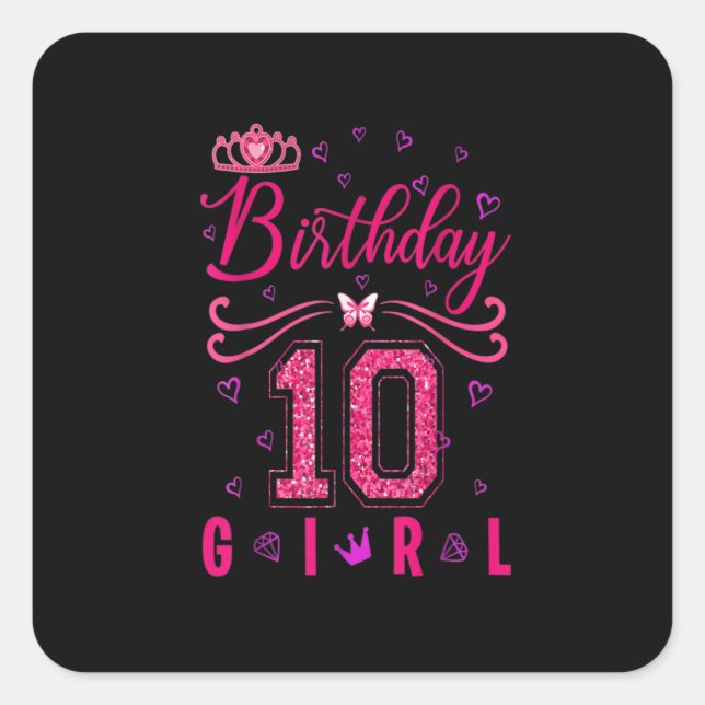 10th Birthday Girl Cute Crown Butterfly Square Sticker (Front)