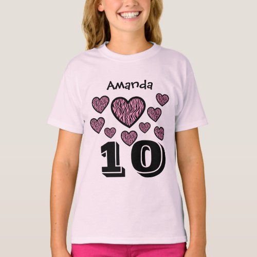 10th Birthday Girl Hearts Big Number Custom Name T_Shirt