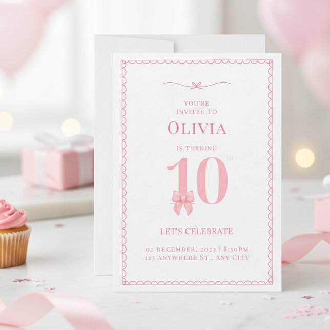 10th Birthday Girl Pink Bow Invitation (Creator Uploaded)