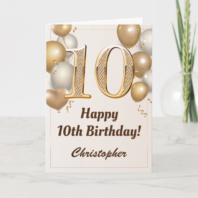10th Birthday Gold Balloons and Confetti Birthday Card (Front)