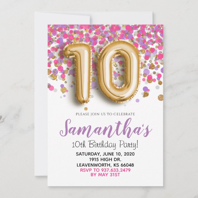 10th Birthday Gold Confetti Invitation (Front)