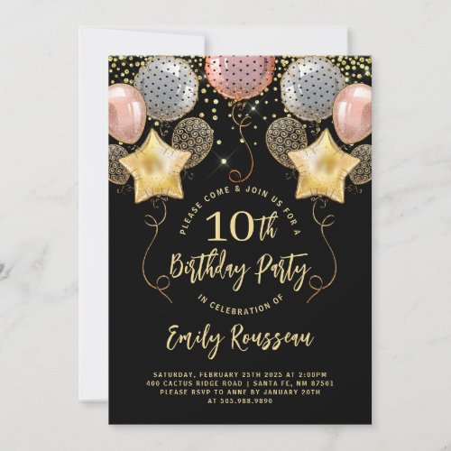 10th Birthday Gold Glitter Confetti Balloons Black Invitation