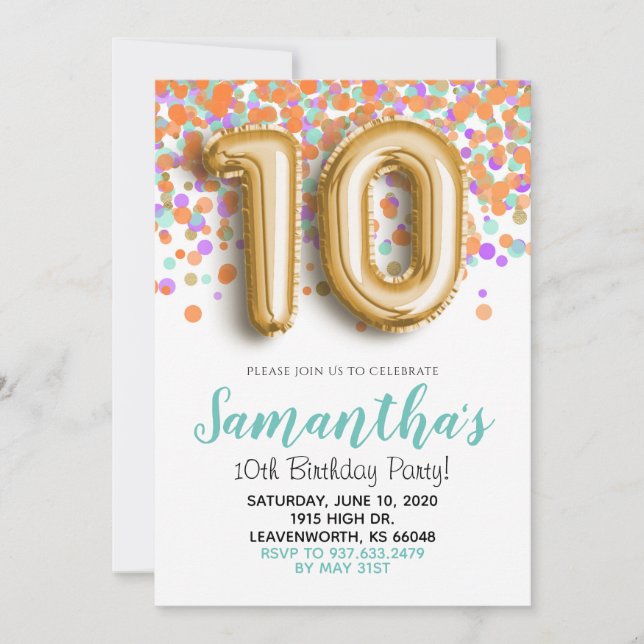 10th Birthday Gold Mint Orange Confetti Invitation (Front)