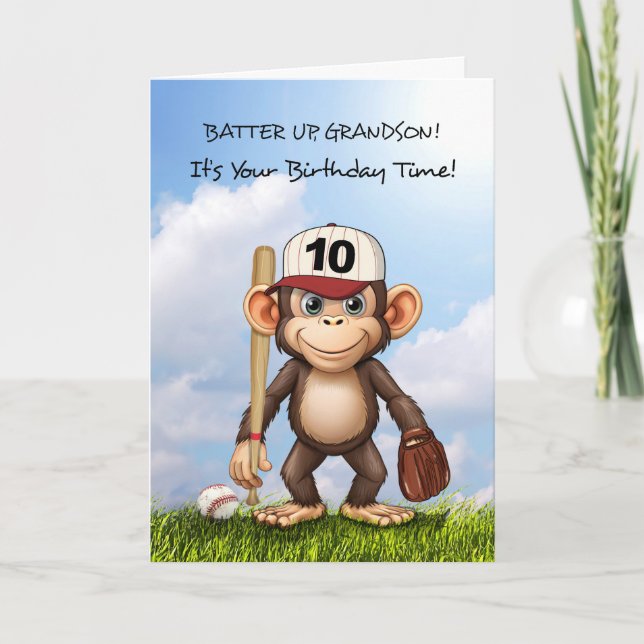 10th Birthday Grandson Baseball Monkey Bat Ball Card (Front)