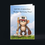 10th Birthday Grandson Baseball Monkey Bat Ball Card<br><div class="desc">Celebrate your grandson’s 10th birthday with this playful baseball-themed card! Featuring a cheerful monkey holding a bat and glove, this fun design is perfect for a young sports fan. The bright sky and grassy field add a lively touch, making it a great way to wish him a fantastic year ahead....</div>