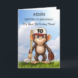 10th Birthday Grandson Personalize Baseball Monkey Card<br><div class="desc">Make your grandson’s 10th birthday even more special with a personalized baseball card! A fun-loving monkey, ready to play with his bat and glove, stands against a bright blue sky, setting the scene for a day of celebration. Customize the front with his name for a personal touch, creating a keepsake...</div>