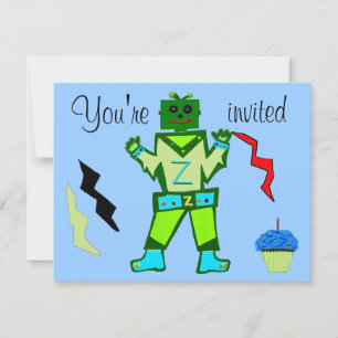 10th Birthday Green Robot Boy and Spaceship Stars Invitation