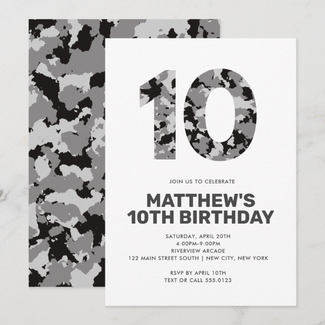 10TH Birthday, Grey Camo Personalized Party Invitation (Front/Back)