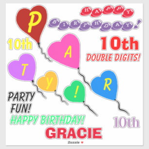 10th Birthday Heart Balloons Personalized Vinyl Sticker