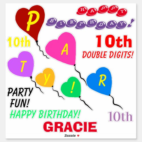 10th Birthday Heart Balloons Personalized Vinyl Sticker