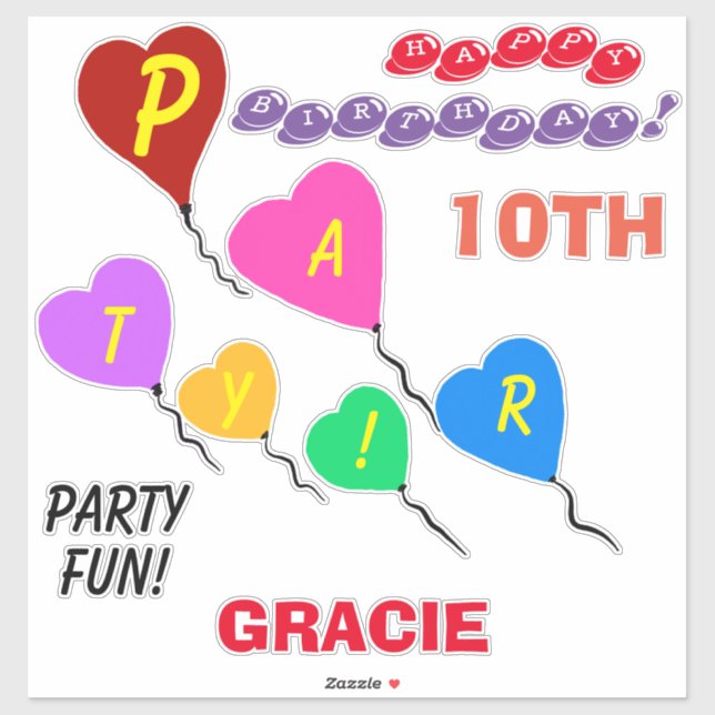 10th Birthday Heart Balloons Personalized Vinyl Sticker (Sheet)