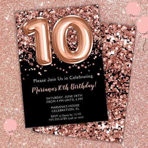 10th Birthday Invitation Black Rose Gold Glitter