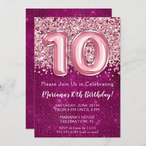 10th Birthday Invitation Girl Magenta Pink Glitter