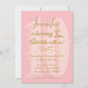 10th Birthday Invitation Girls Pink Gold Hearts