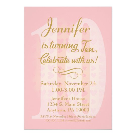 10th birthday invitation girls pink gold hearts zazzle com