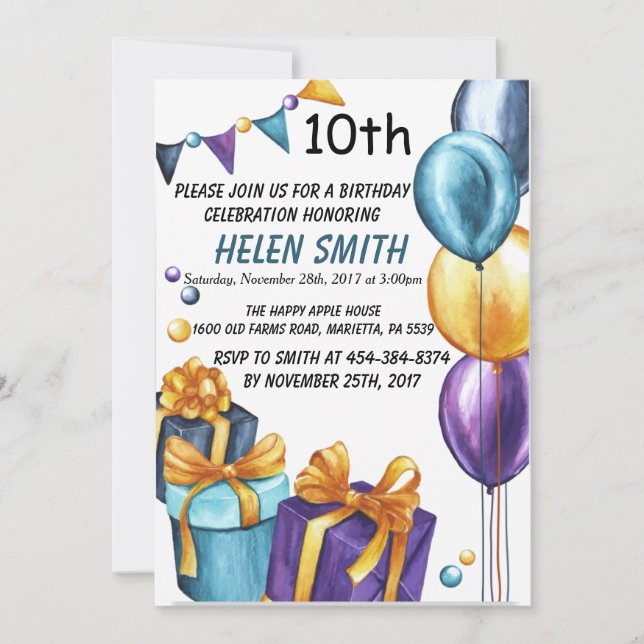 10th Birthday Invitation Gold Glitter (Front)