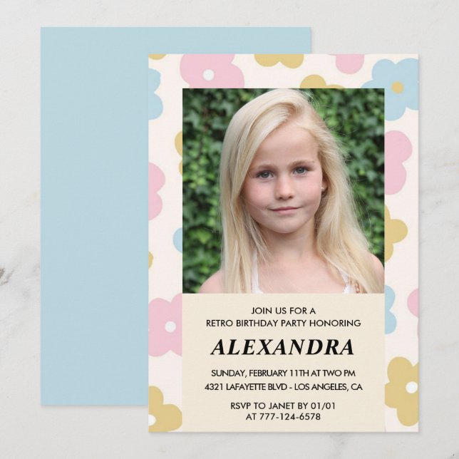 10th birthday invitation Retro Groovy Flowers Cute (Front/Back)