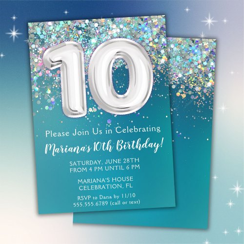 10th Birthday Invitation Teal Silver Glitter