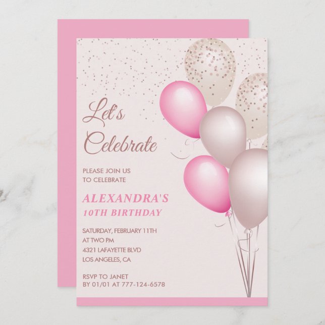 10th birthday invitations Balloons Pink Confetti (Front/Back)