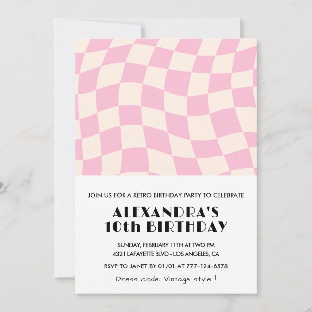 10th birthday invitations Checkered Retro Pink  (Front)