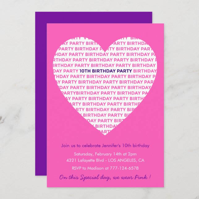 10th birthday invitations Pink Heart Modern (Front/Back)