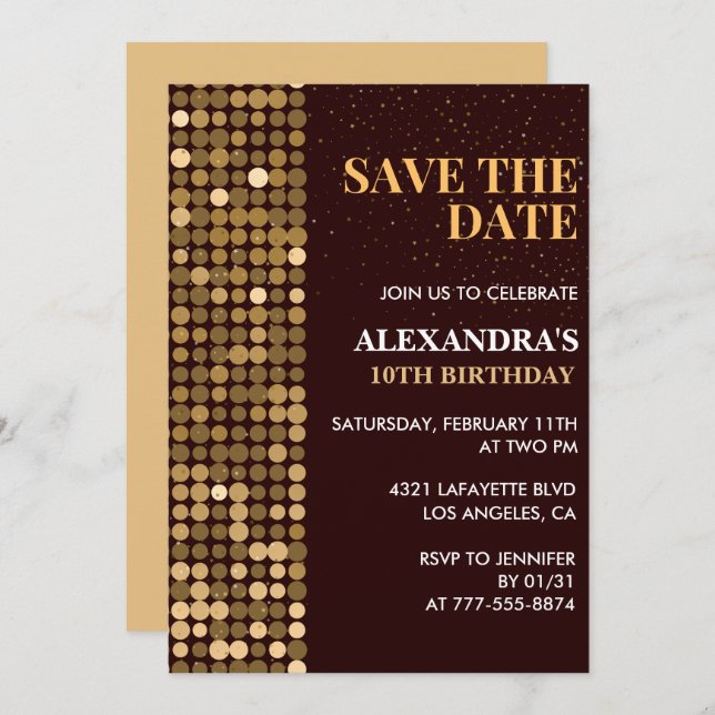 10th birthday invitations Save the date Gold (Front/Back)