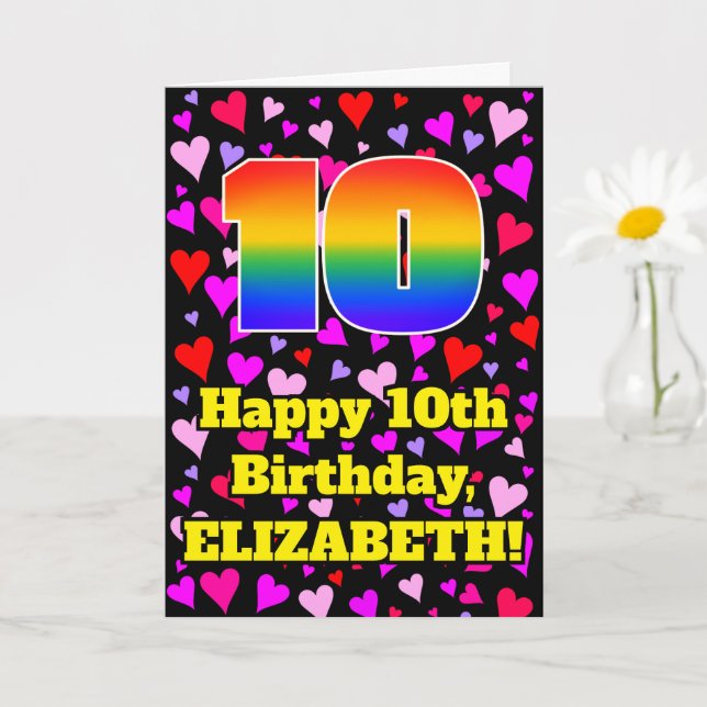 10th Birthday: Loving Hearts Pattern, Rainbow # 10 Card (Small Plant)