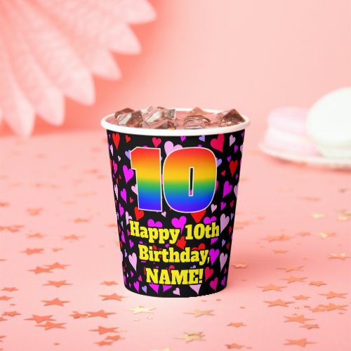 10th Birthday Loving Hearts Pattern Rainbow 10 Paper Cups