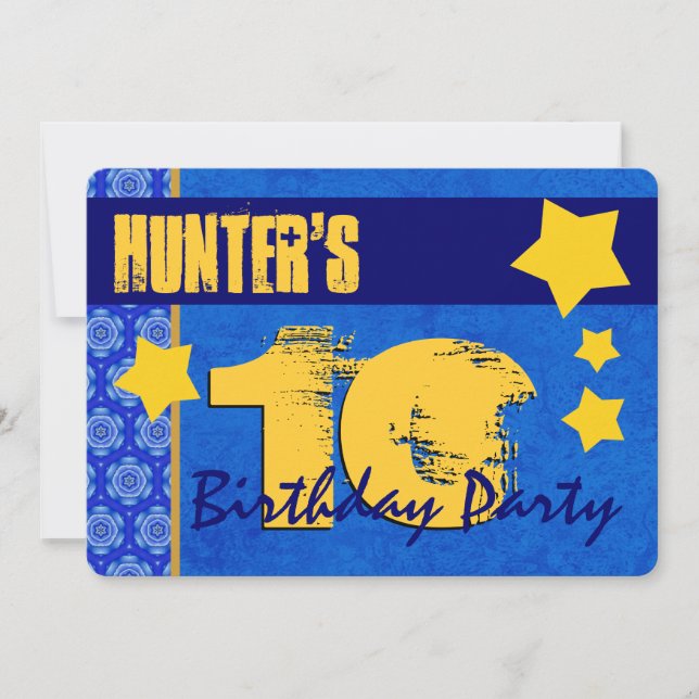 10th Birthday Modern For Him Blue and Gold W13B7 Invitation (Front)
