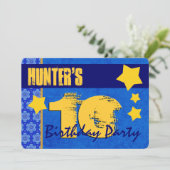 10th Birthday Modern For Him Blue and Gold W13B7 Invitation (Standing Front)
