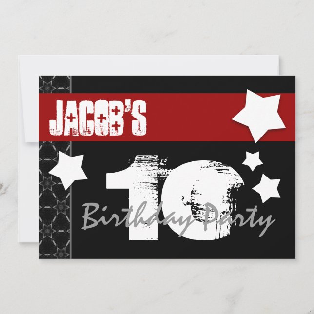 10th Birthday Modern For Him Red White Black W01B Invitation (Front)