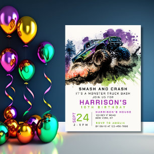 10th Birthday Monster Truck Smash Crash Boy Invitation