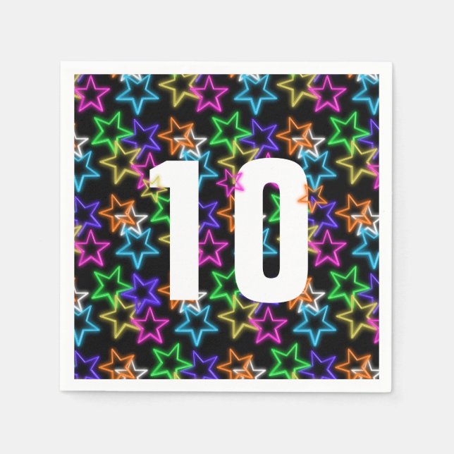 10th Birthday Neon Stars On Black   Napkins (Front)
