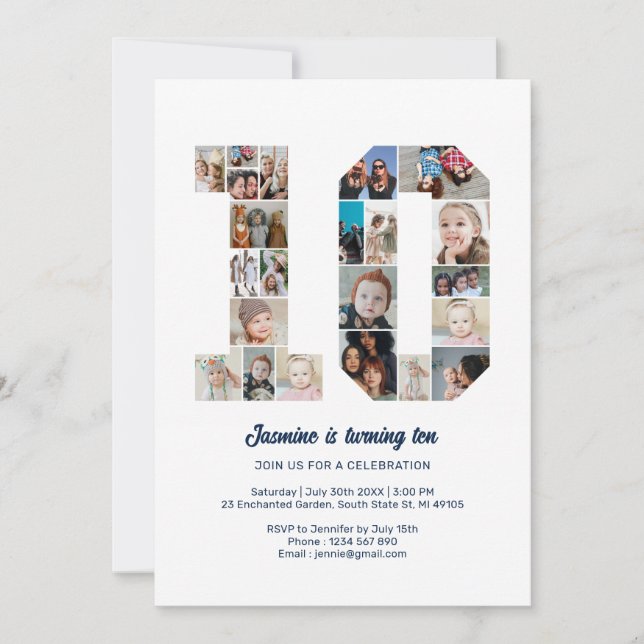 10th Birthday Number 10 Custom Photo Collage Invitation (Front)