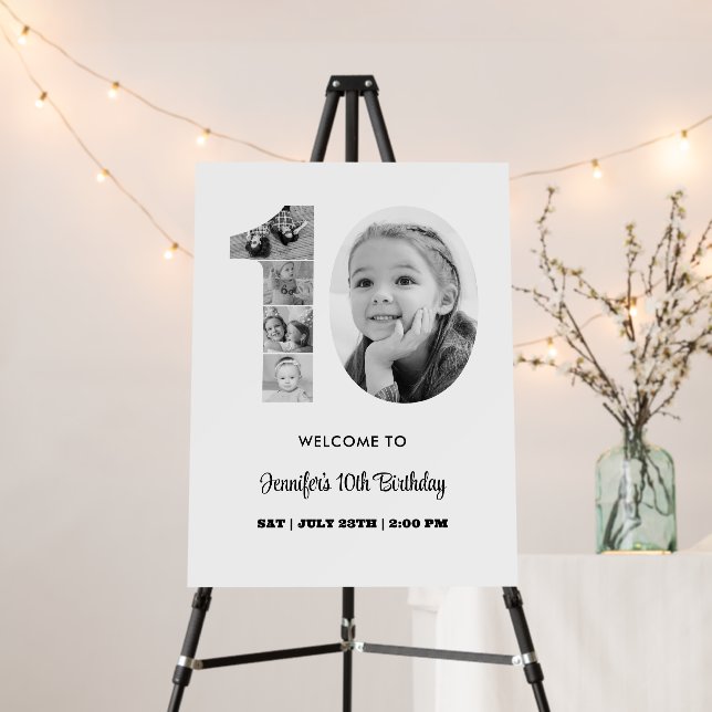 10th Birthday Number 10 Photo Collage Black White Foam Board (In Situ (Stand))