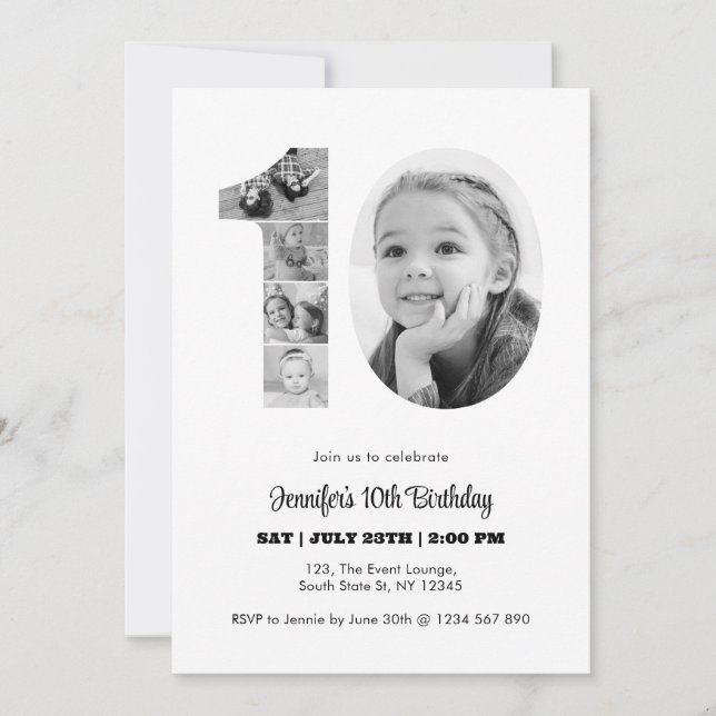 10th Birthday Number 10 Photo Collage Black White Invitation (Front)