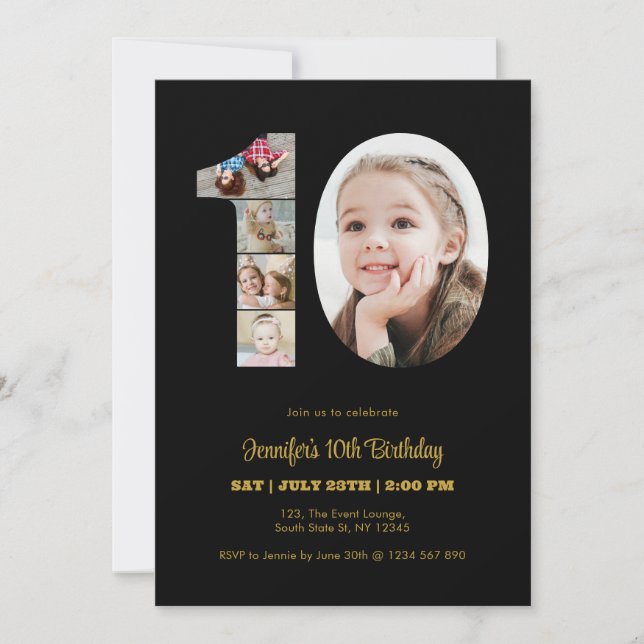 10th Birthday Number 10 Photo Collage Modern Black Invitation (Front)