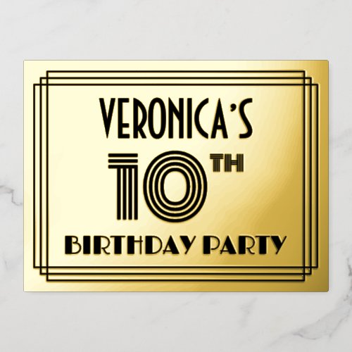 10th Birthday Party  Art Deco Style 10  Name Foil Invitation Postcard