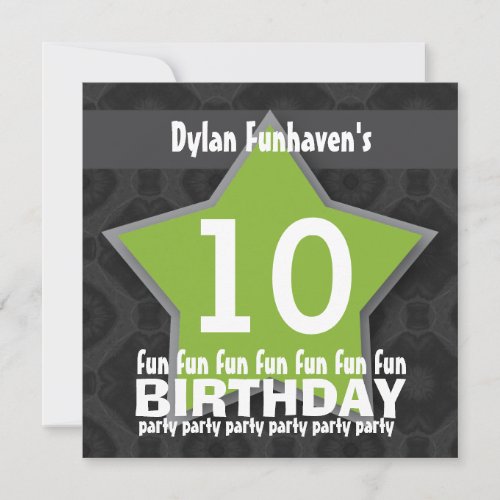 10th Birthday Party Black Green White STARS V10A Invitation