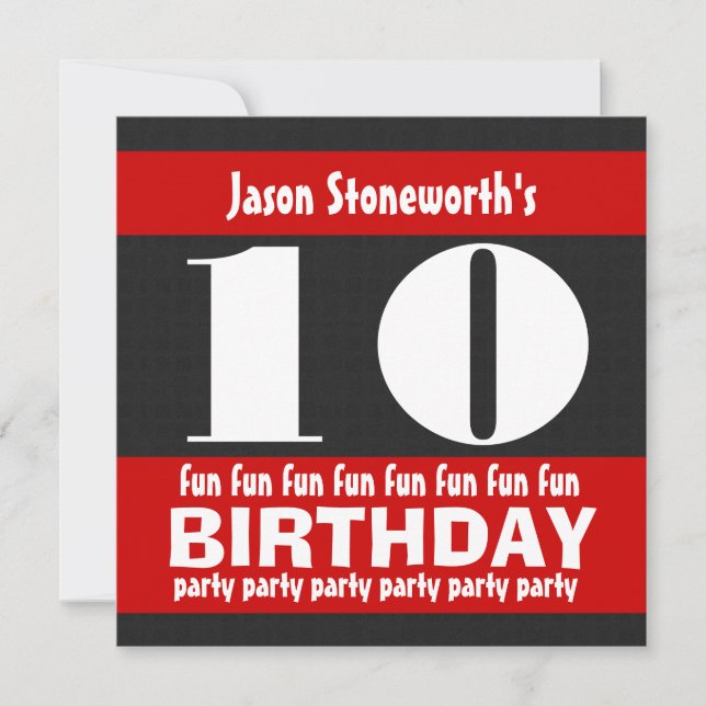 10th Birthday Party Black Red White W01A Invitation (Front)